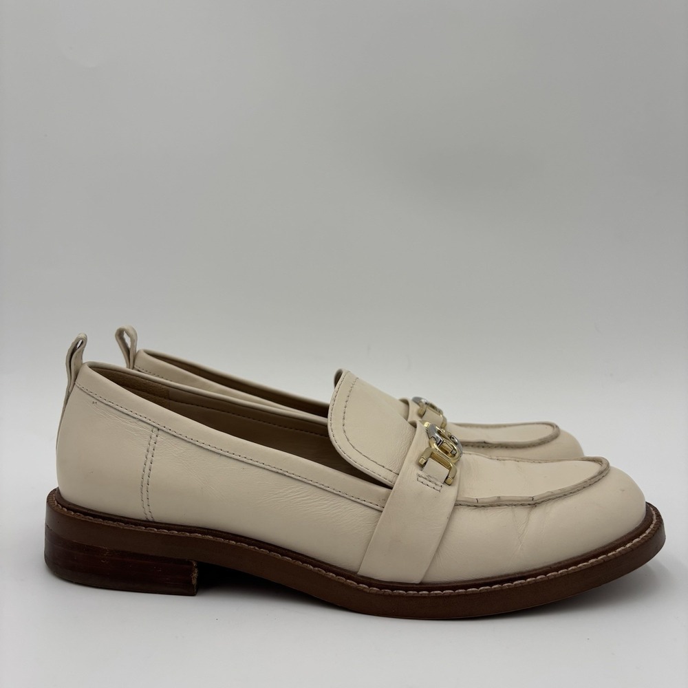 Sam Edelman Christy Ivory Leather Gold Logo Horse Bit Slip-On Loafers Womens 8.5